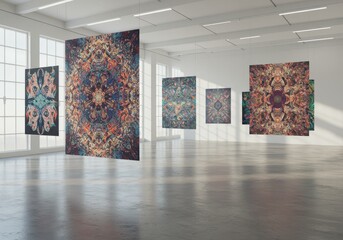 3D Rendered Art Gallery Displaying Abstract Colorful Pixelated Art Pieces