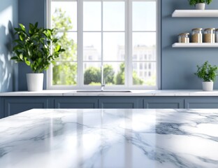 Obraz premium Modern kitchen interior, marble countertop, window view