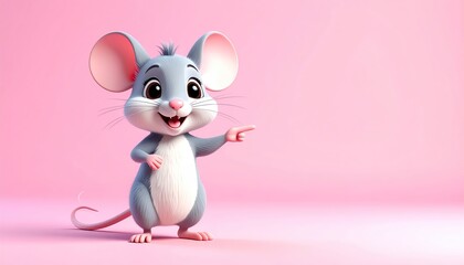 Cute Mouse Pointing Pink Background.