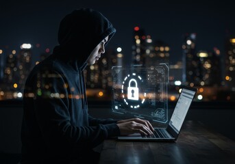 A Hacker In A Hooded Sweatshirt Working On A Laptop At Night With City Lights