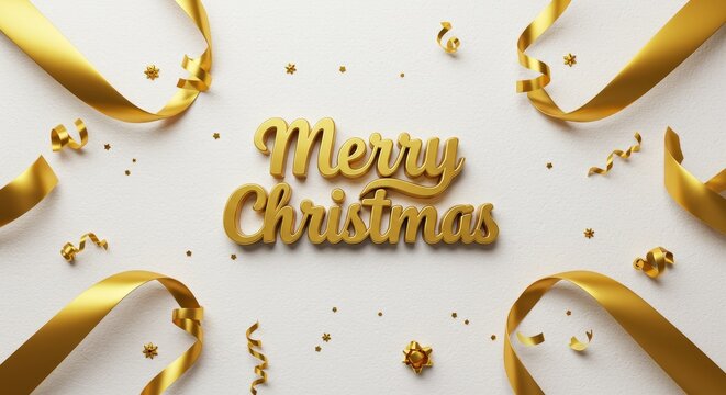 Photo Merry Christmas Gold Text with Gold Ribbon on White Background