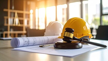 Construction Law Gavel with Plans, and Helmets.