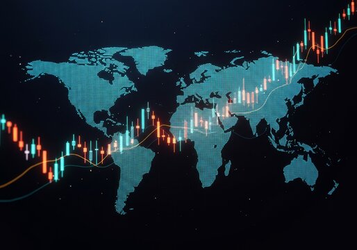 Abstract Digital World Map with Trading Data Visualized in Blue Red Colors - Powered by Adobe