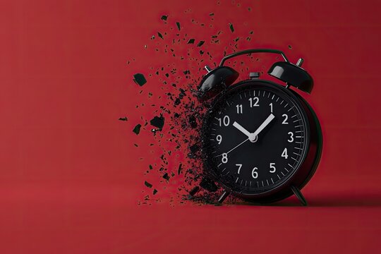A black alarm clock disintegrates into black fragments against a red background, suggesting the fleeting nature of time