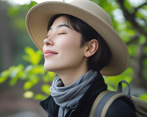 Peaceful Woman Enjoying Nature with Eyes Closed and Wide-Brim Hat