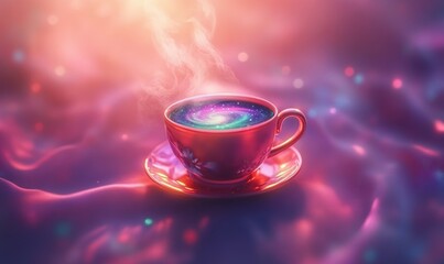 Cosmic Coffee Galaxy swirling in a red teacup on a silk cloth, mystical sunrise background; perfect for fantasy or relaxation themes