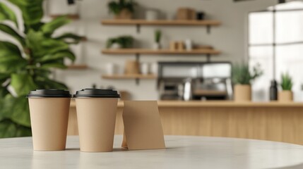 Modern cafe interior scene with disposable coffee cups.