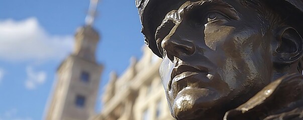 Soldier statue, city backdrop, remembrance