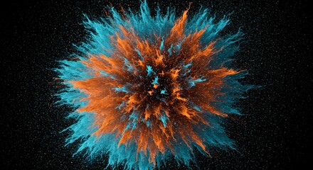 Abstract Photo of an Explosion with Orange and Cyan Colors on Black Background