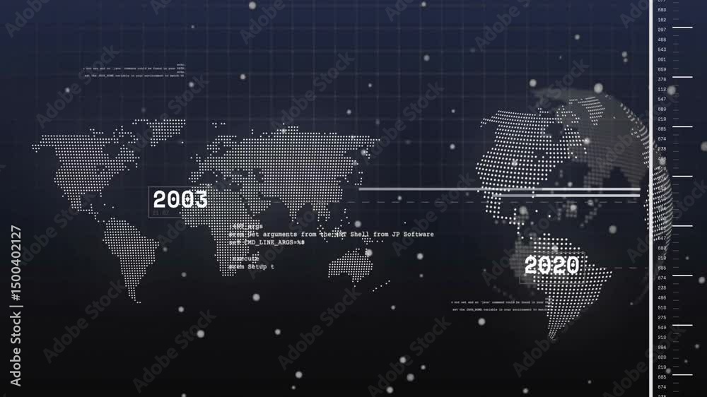 Poster dashboard loading showing map and globe rotating, updating years, code and scan lines for timeline