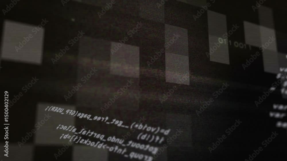 Poster panel initiating code scroll shifting blocks pulsing circuits reversing visualizing interface