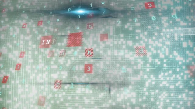Grid pulsing, cubes and text drifting, forming connectivity terms visualizing network evolution