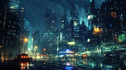 Futuristic cityscape under a downpour, showcasing advanced architecture and vehicles