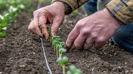 Close-up of hands planting young seedlings in a garden bed.