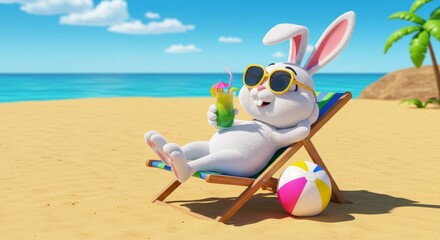 Cheerful Cartoon Bunny Relaxing On Beach with Cocktail Under Sunny Sky