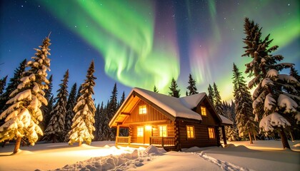 Northern Lights Cabin with Winter Night.