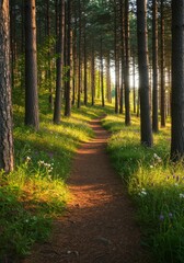 Obraz premium Photo of a Lush Forest Path with Sunlight and Green Foliage in the Morning