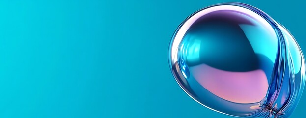 Blue iridescent sphere, cyan background, abstract design, website banner