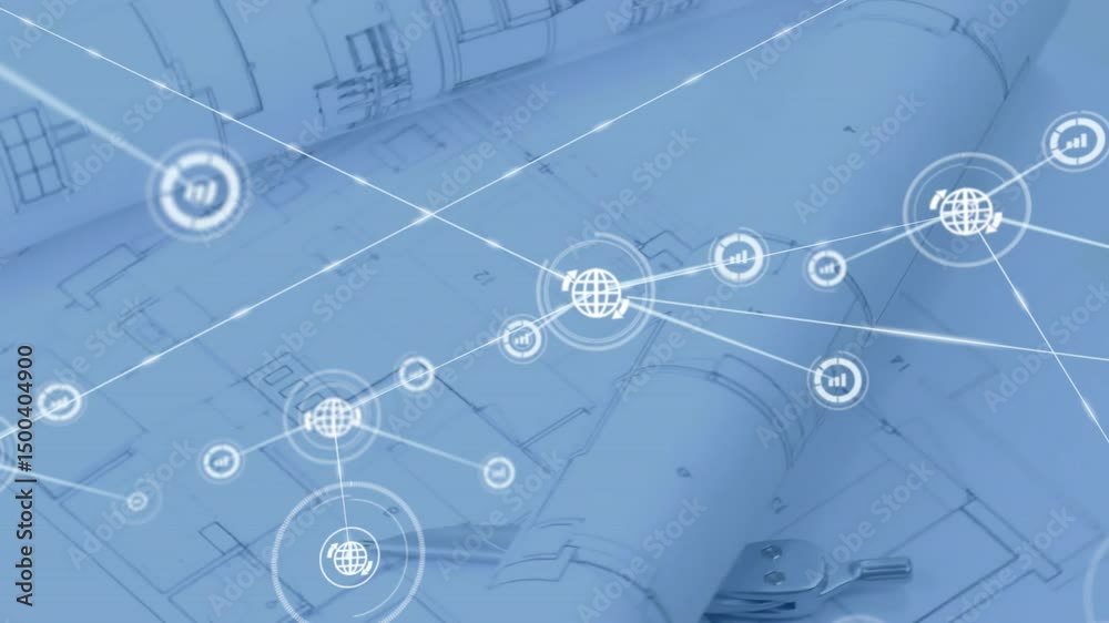 Poster fuselage blueprint starting glowing icon then expanding globe chart network visualizing data links