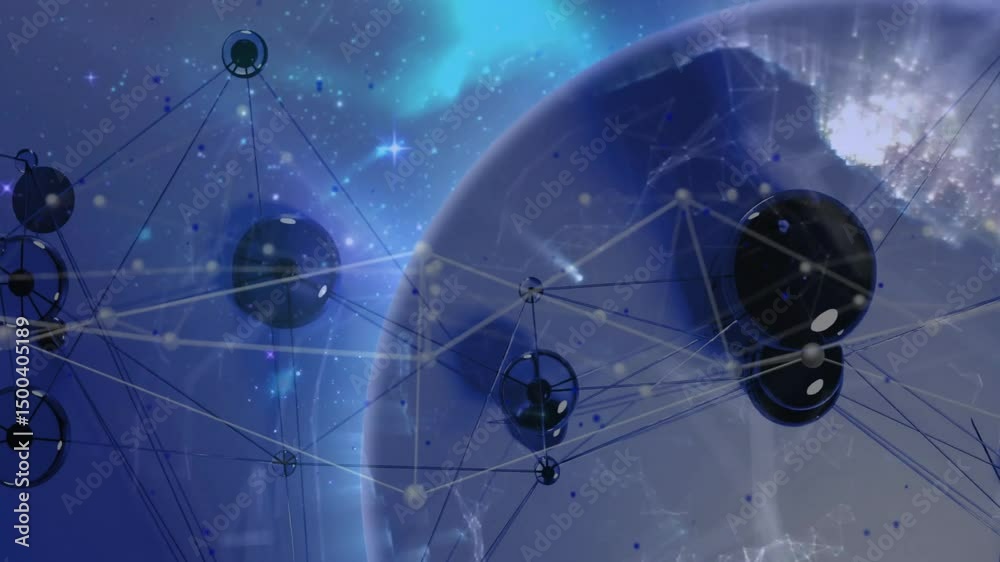 Poster dark spherical nodes initiating web forming in star field, integrating into rotating globe network