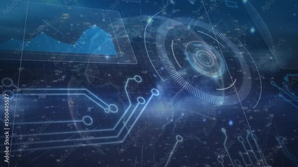 Poster dark blue backdrop revealing wireframe globe rotating hud pulsing circuits showing data flow