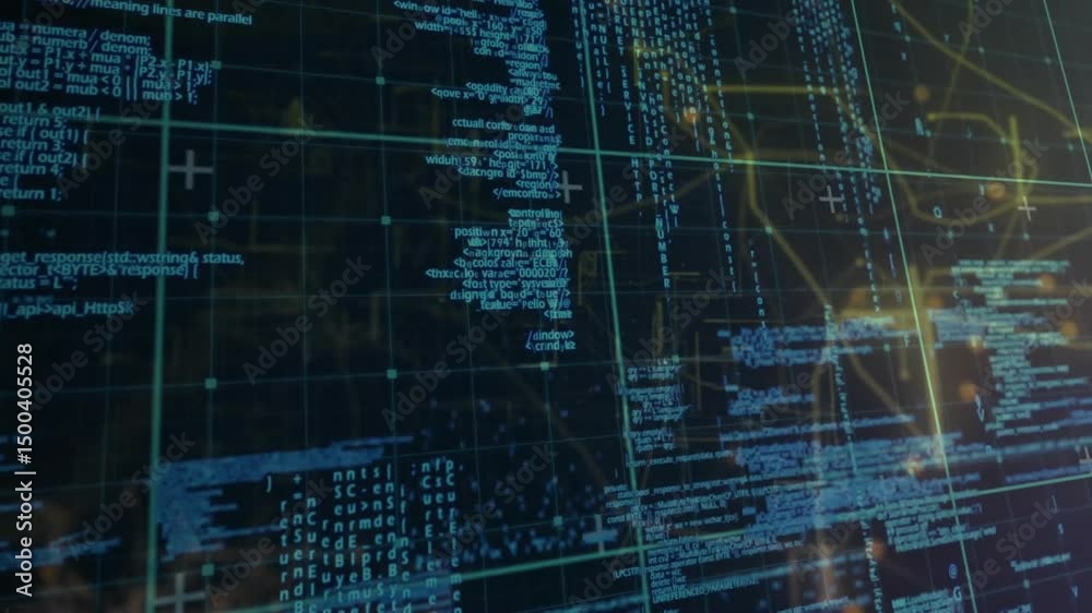 Poster gridlines appearing holographic interface cascading code pulsing golden nodes visualizing network