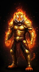 Digital Illustration Of Tiger Warrior In Golden Armor With Fiery Aura