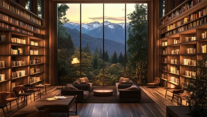 Spacious wooden library with mountain views
