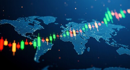 Fototapeta premium Digital Trading Data Visualization Over Blue World Map Background Photo