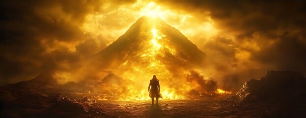 Fiery mountain, lone figure, apocalypse