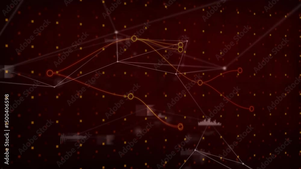 Poster glowing hub appearing triggers orange curves swaying and nodes sliding, visualizing data network