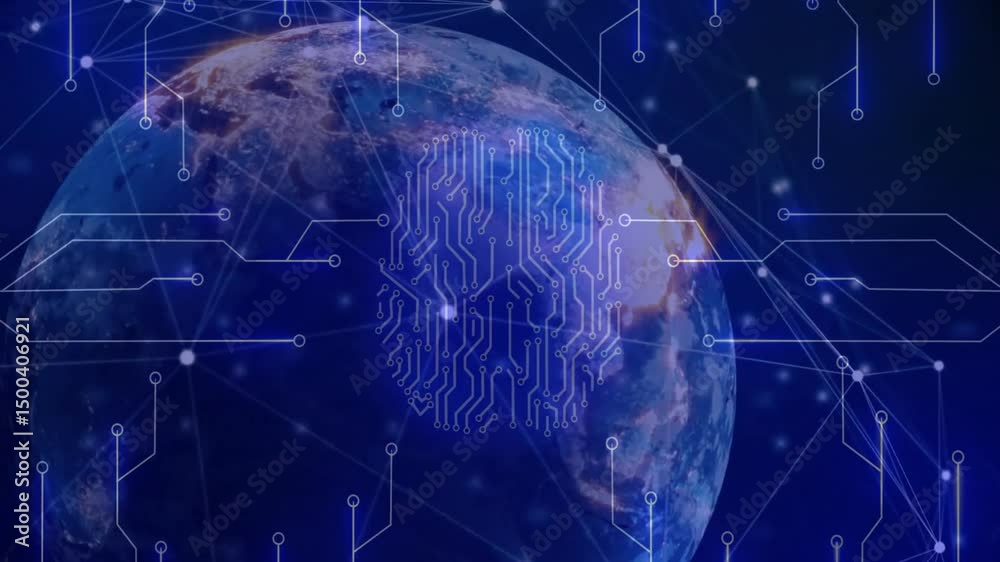 Poster rotating earth forming network grid, sweeping circuits, pulsing fingerprint visualizing data