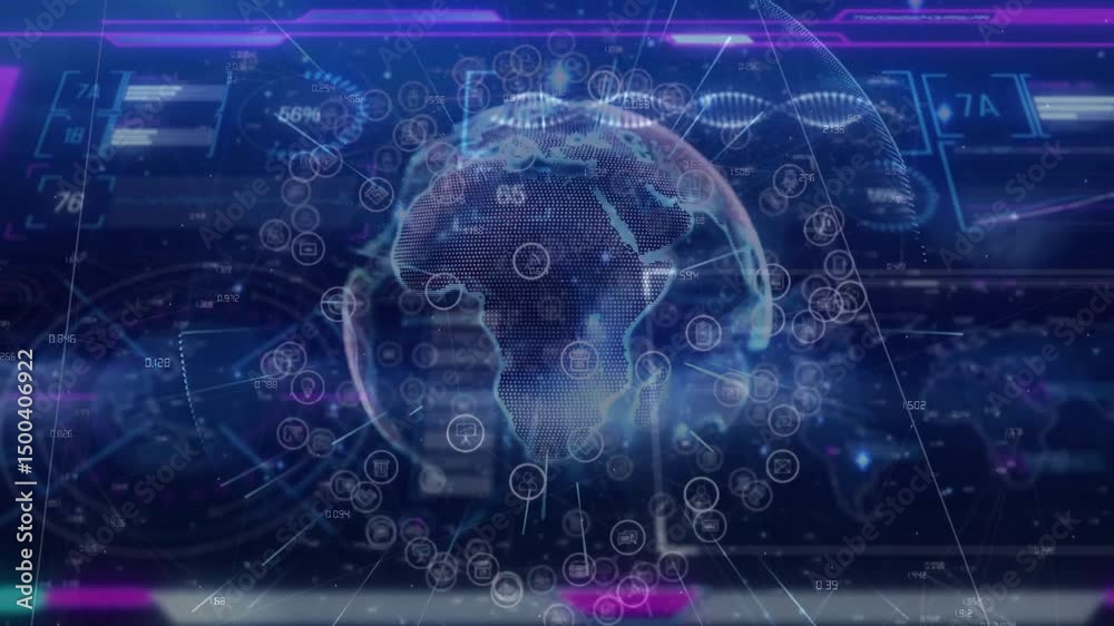 Poster hologram globe appearing, rotating while pulsing data nodes and shifting gauges for showing trends