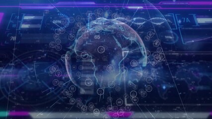 Hologram globe appearing, rotating while pulsing data nodes and shifting gauges for showing trends - Powered by Adobe