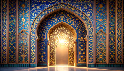 Radiant Light Through Intricate Moorish Archway Zellige Tile Mosaic