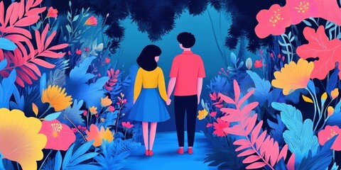 Coppia che cammina in un giardino notturno lussureggiante