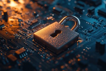 Metallic padlock on circuit board