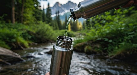 Refilling Stainless Steel Water Bottle in Nature