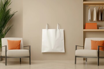 A minimalist room features two beige armchairs with orange cushions flanking a blank white shopping bag hung on a neutral wall, adjacent to a light wood open closet with clothing