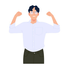 Vector illustration of happy smiling man, joyful energetic gesture. Businessman cheerful and excited. Confident winner with positive energy. Healthy strong employee. Flat design