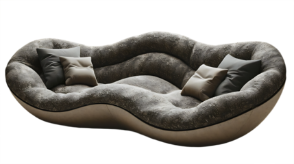 Rounded luxury sofa with elegant velvet cushions isolated on transparent background