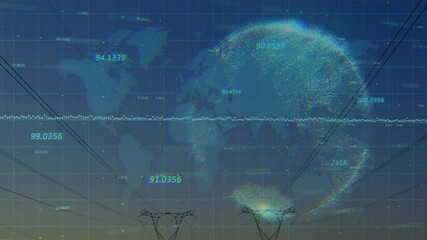 Waveform pulsing driving point cloud coalescing rotating data globe revealing pylons showing energy - Powered by Adobe