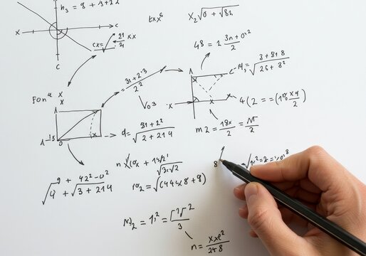 Hand Writes Math Formulas on White Paper Close Up Photo Illustration
