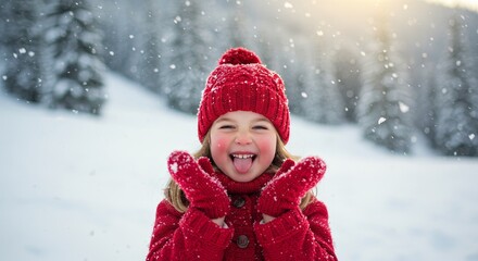 Happy Girl In Red Winter Outfit Playing In Snowy Landscape Photo