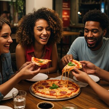 Happy Friends Sharing Pizza Enjoying Dinner Together in Restaurant