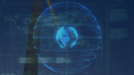 On first frame appearing wireframe globe emerging, rotating, rings building, pulsing for simulation - Powered by Adobe