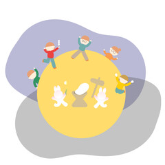 月の上で遊ぶうさぎと子供たちのイラスト