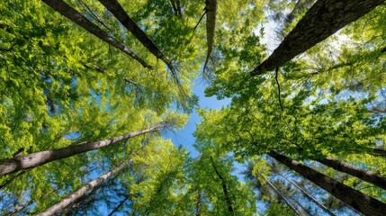 Fototapeta premium Forest canopy, looking up, towering trees