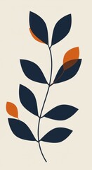 Illustration Of Dark Blue Leaves With Orange Accents On Beige Background