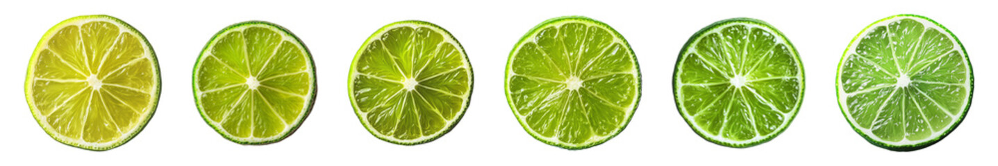 Six vibrant green lime halves are arranged in a row on transparent background